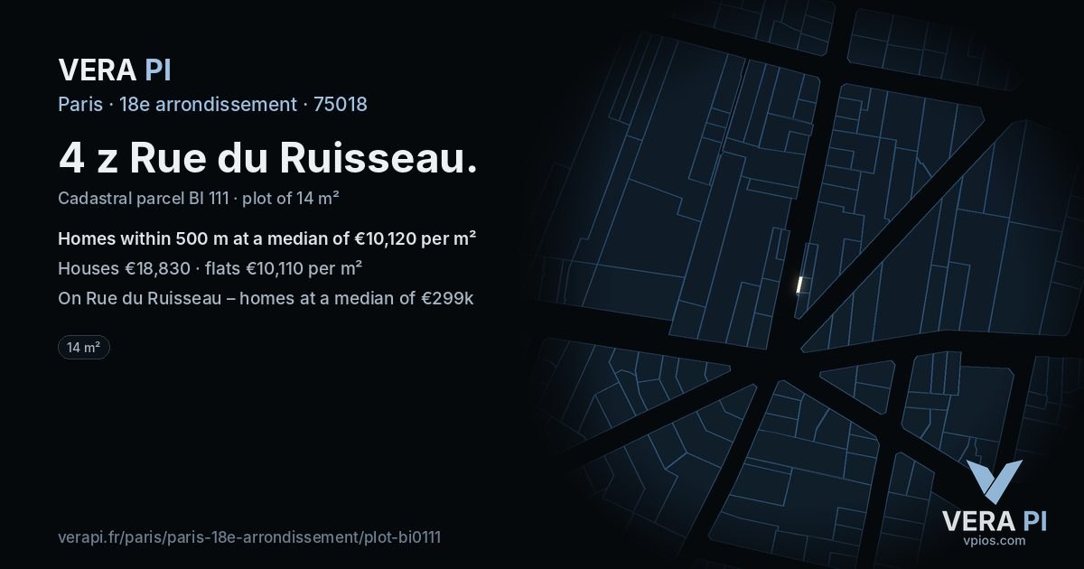 4 z Rue du Ruisseau, 18e arrondissement at night – the plot lit, the parcels around coloured by the prices near them