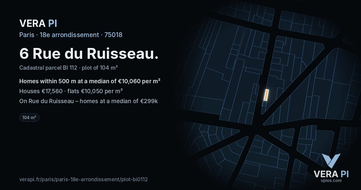 6 Rue du Ruisseau, 18e arrondissement at night – the plot lit, the parcels around coloured by the prices near them