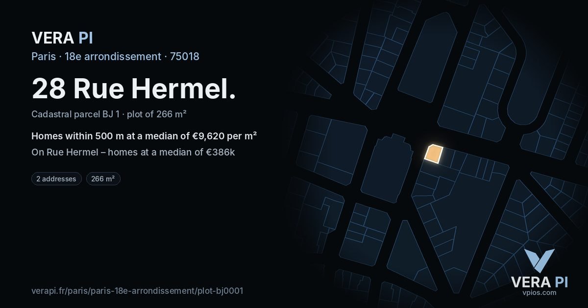 28 Rue Hermel, 18e arrondissement at night – the plot lit, the parcels around coloured by the prices near them