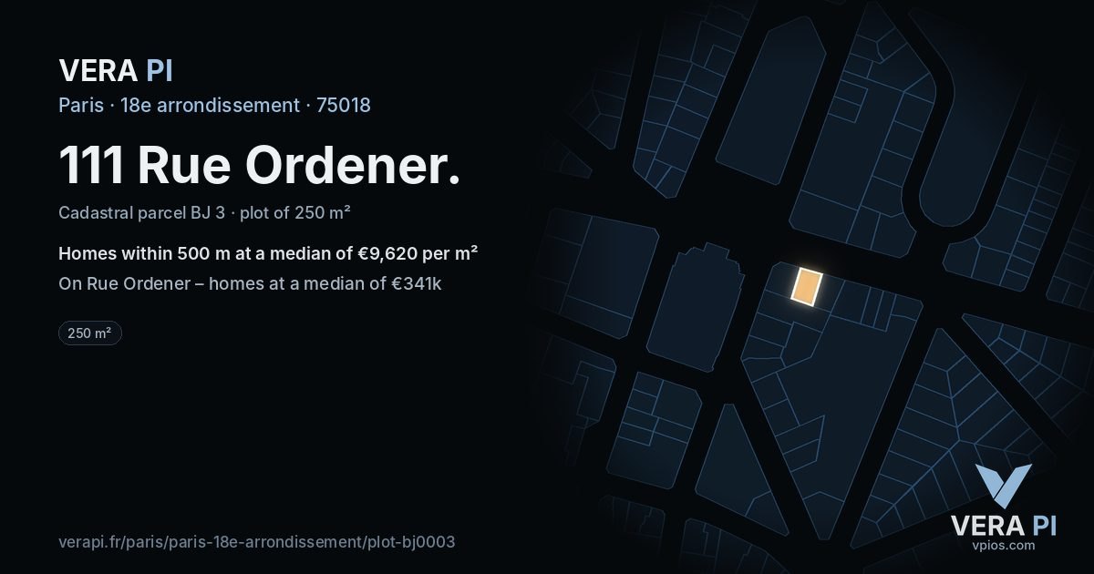 111 Rue Ordener, 18e arrondissement at night – the plot lit, the parcels around coloured by the prices near them