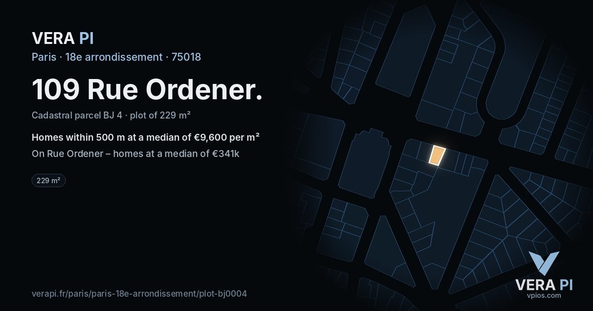 109 Rue Ordener, 18e arrondissement at night – the plot lit, the parcels around coloured by the prices near them