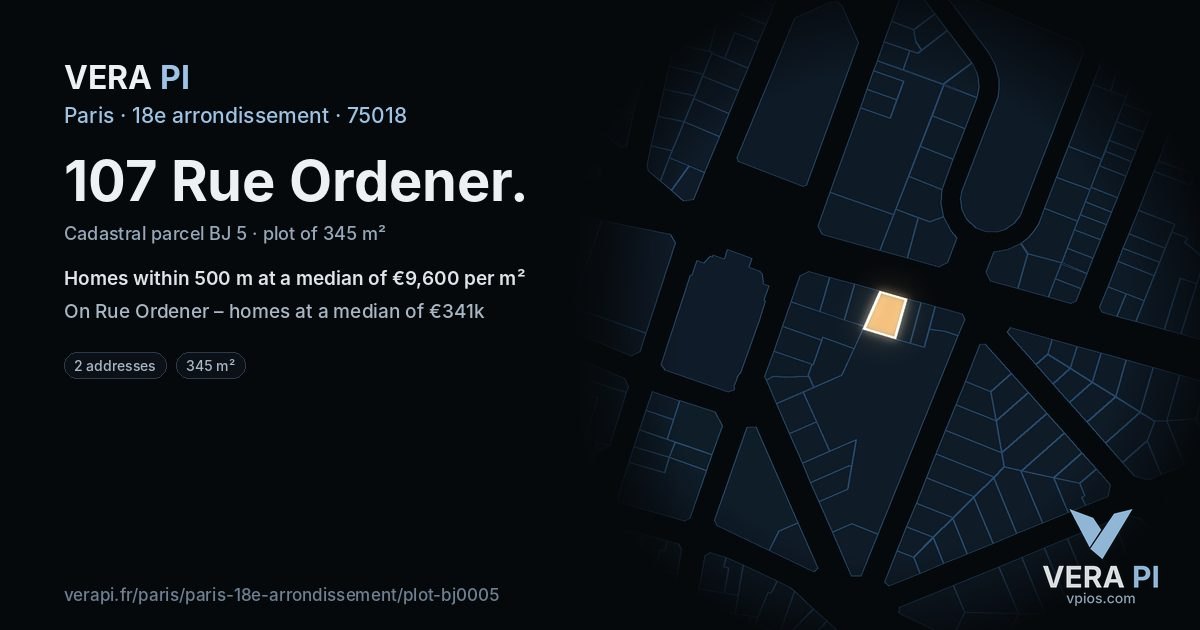 107 Rue Ordener, 18e arrondissement at night – the plot lit, the parcels around coloured by the prices near them
