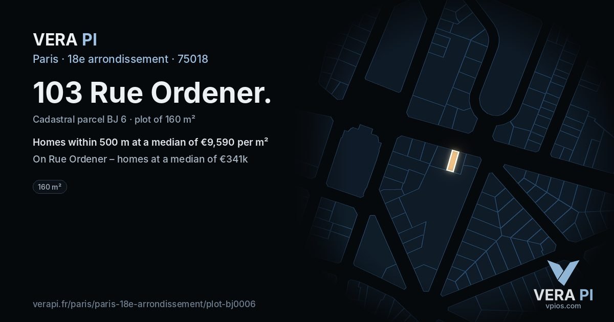 103 Rue Ordener, 18e arrondissement at night – the plot lit, the parcels around coloured by the prices near them