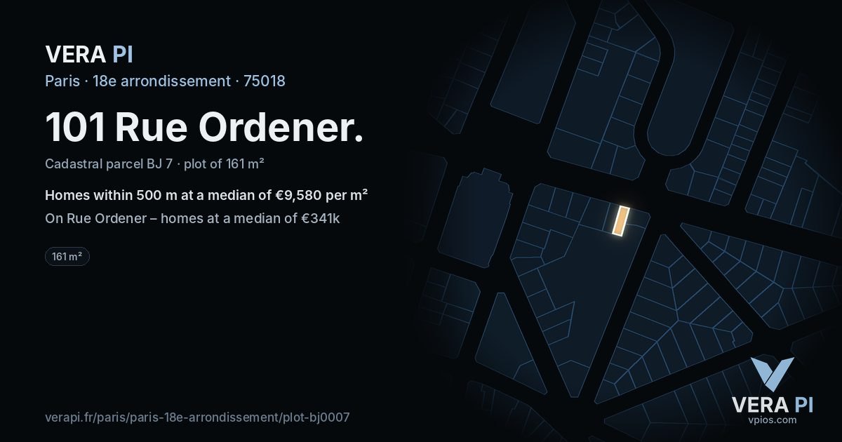 101 Rue Ordener, 18e arrondissement at night – the plot lit, the parcels around coloured by the prices near them