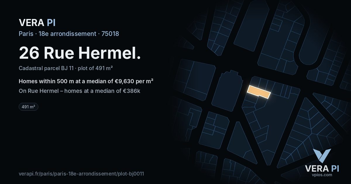 26 Rue Hermel, 18e arrondissement at night – the plot lit, the parcels around coloured by the prices near them