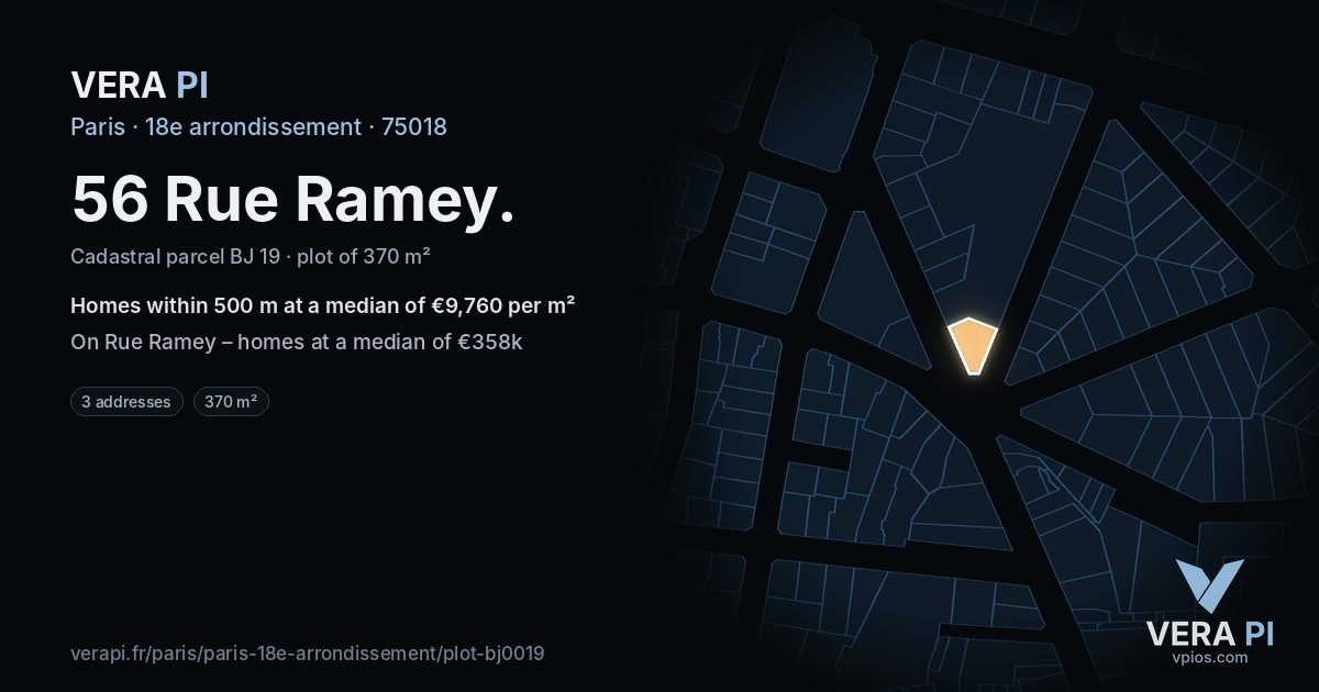 56 Rue Ramey, 18e arrondissement at night – the plot lit, the parcels around coloured by the prices near them