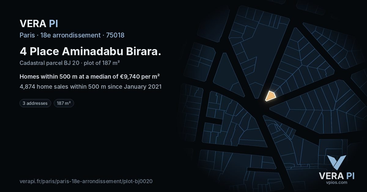 4 Place Aminadabu Birara, 18e arrondissement at night – the plot lit, the parcels around coloured by the prices near them