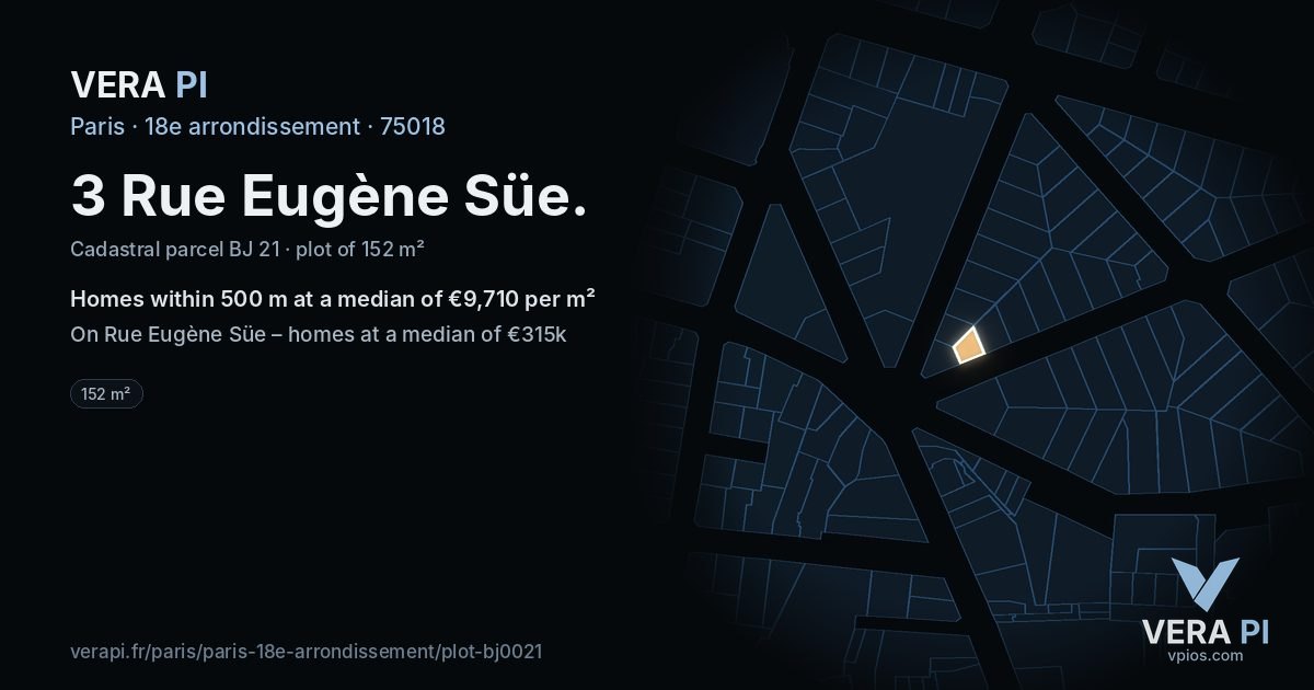 3 Rue Eugène Süe, 18e arrondissement at night – the plot lit, the parcels around coloured by the prices near them