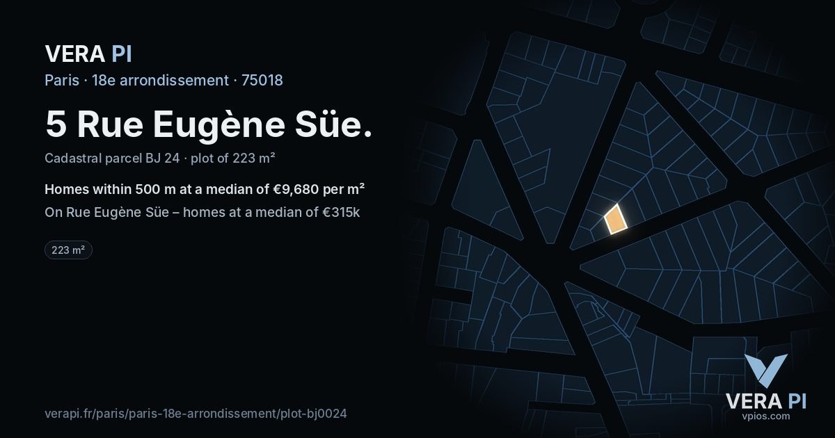 5 Rue Eugène Süe, 18e arrondissement at night – the plot lit, the parcels around coloured by the prices near them