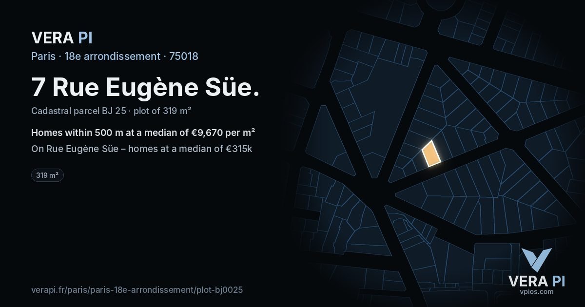 7 Rue Eugène Süe, 18e arrondissement at night – the plot lit, the parcels around coloured by the prices near them