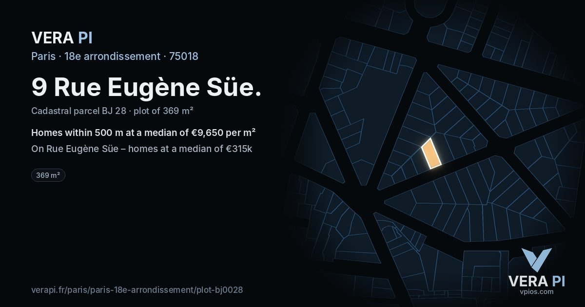 9 Rue Eugène Süe, 18e arrondissement at night – the plot lit, the parcels around coloured by the prices near them