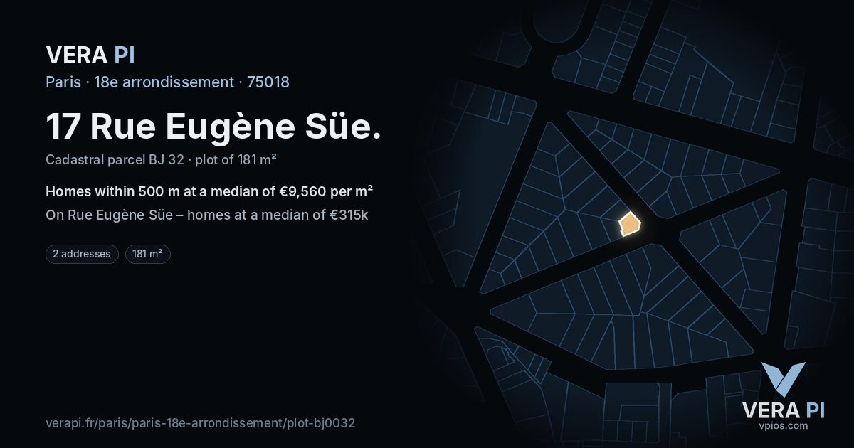 17 Rue Eugène Süe, 18e arrondissement at night – the plot lit, the parcels around coloured by the prices near them