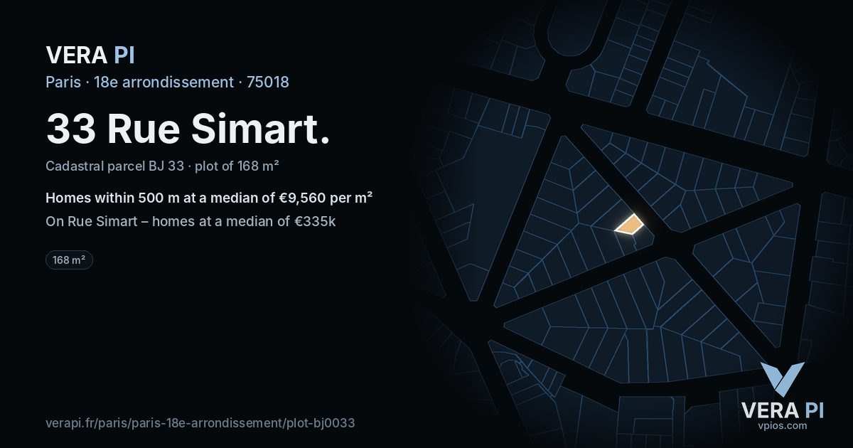 33 Rue Simart, 18e arrondissement at night – the plot lit, the parcels around coloured by the prices near them