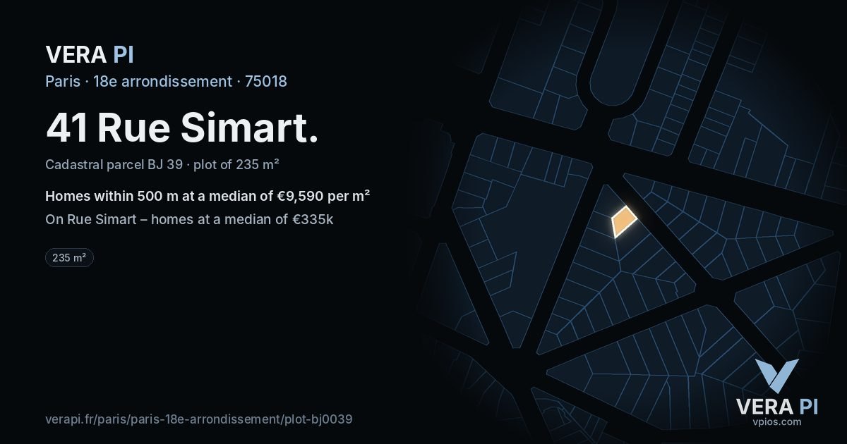 41 Rue Simart, 18e arrondissement at night – the plot lit, the parcels around coloured by the prices near them
