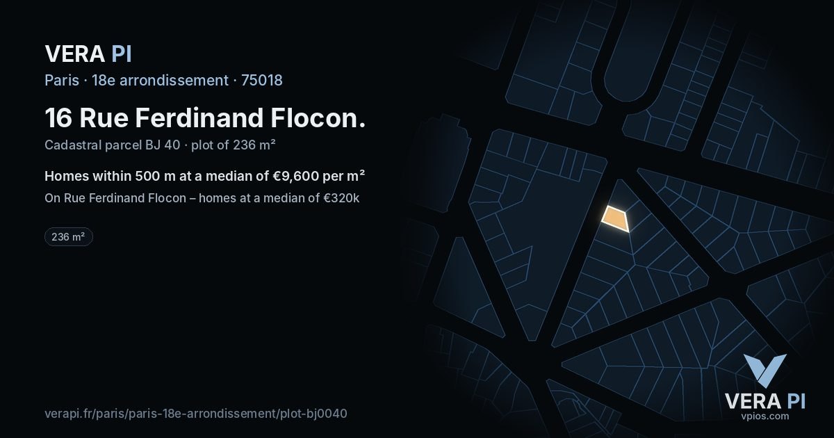 16 Rue Ferdinand Flocon, 18e arrondissement at night – the plot lit, the parcels around coloured by the prices near them