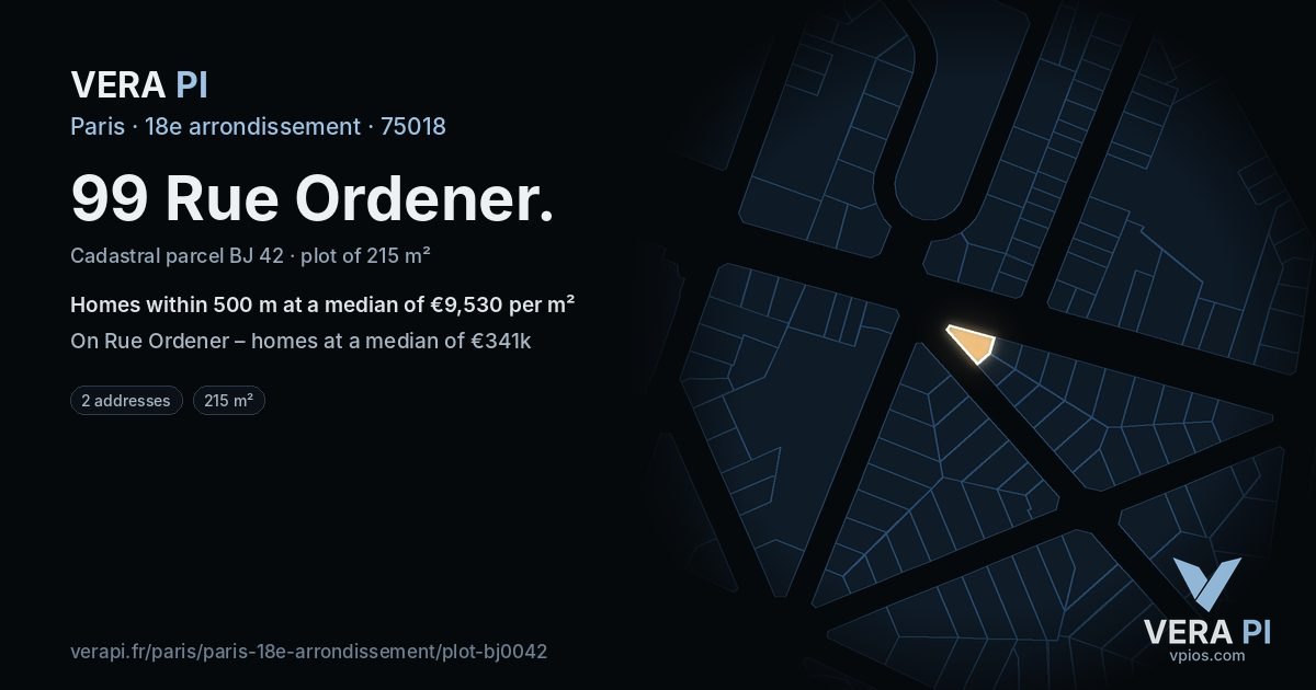 99 Rue Ordener, 18e arrondissement at night – the plot lit, the parcels around coloured by the prices near them