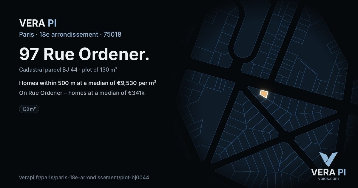 97 Rue Ordener, 18e arrondissement at night – the plot lit, the parcels around coloured by the prices near them