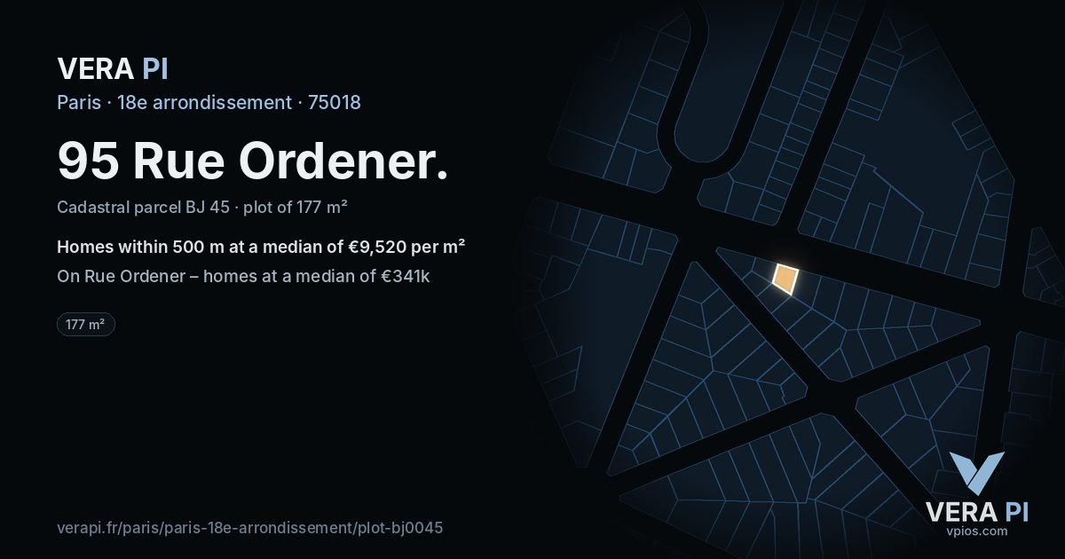 95 Rue Ordener, 18e arrondissement at night – the plot lit, the parcels around coloured by the prices near them