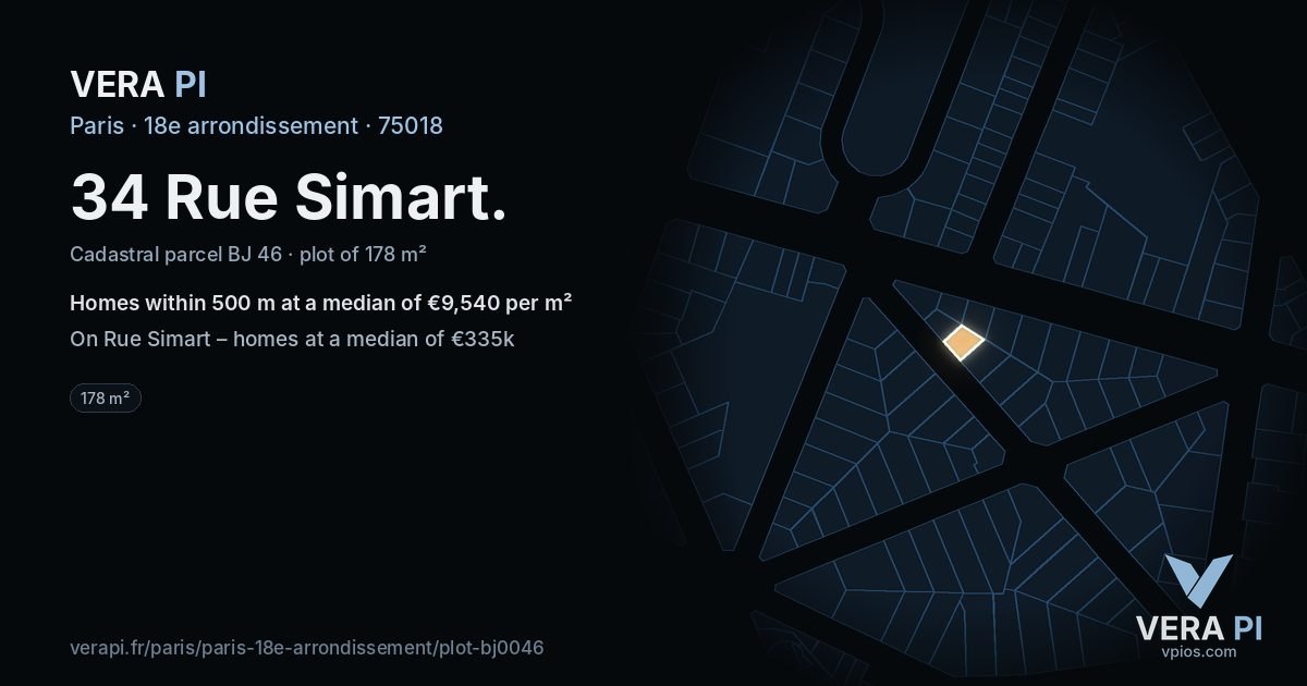 34 Rue Simart, 18e arrondissement at night – the plot lit, the parcels around coloured by the prices near them