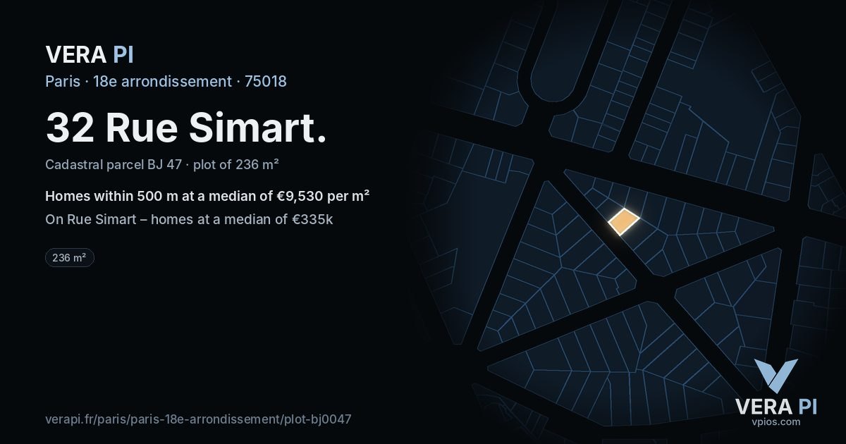 32 Rue Simart, 18e arrondissement at night – the plot lit, the parcels around coloured by the prices near them