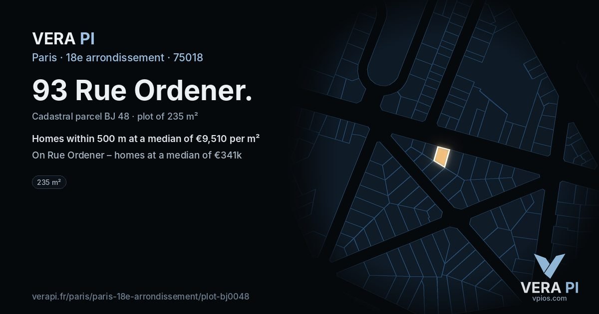 93 Rue Ordener, 18e arrondissement at night – the plot lit, the parcels around coloured by the prices near them