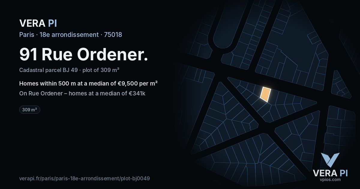 91 Rue Ordener, 18e arrondissement at night – the plot lit, the parcels around coloured by the prices near them