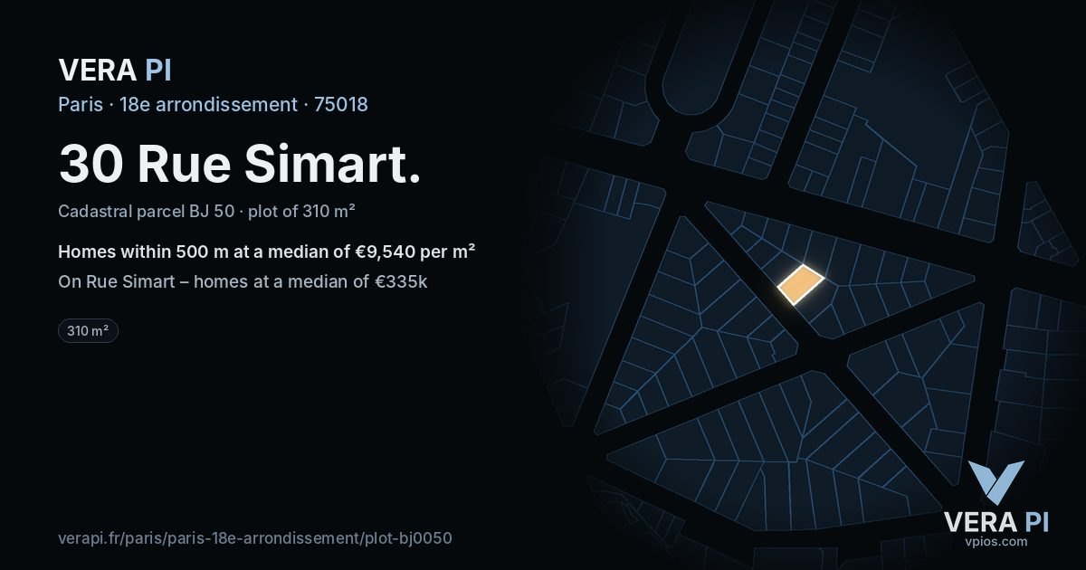 30 Rue Simart, 18e arrondissement at night – the plot lit, the parcels around coloured by the prices near them