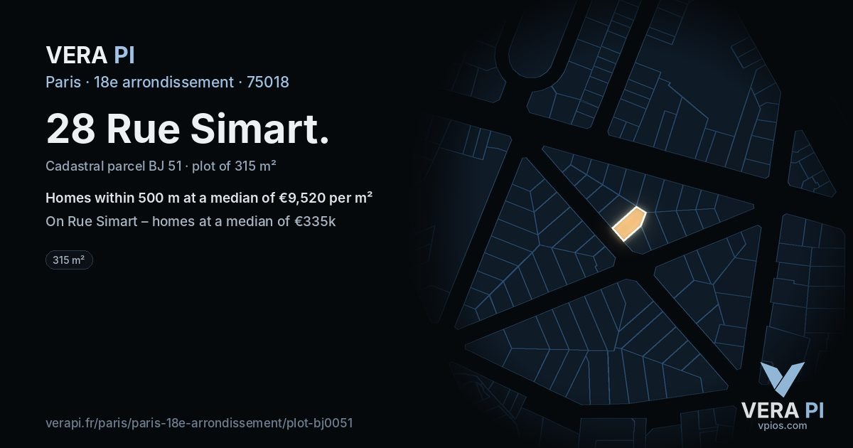 28 Rue Simart, 18e arrondissement at night – the plot lit, the parcels around coloured by the prices near them