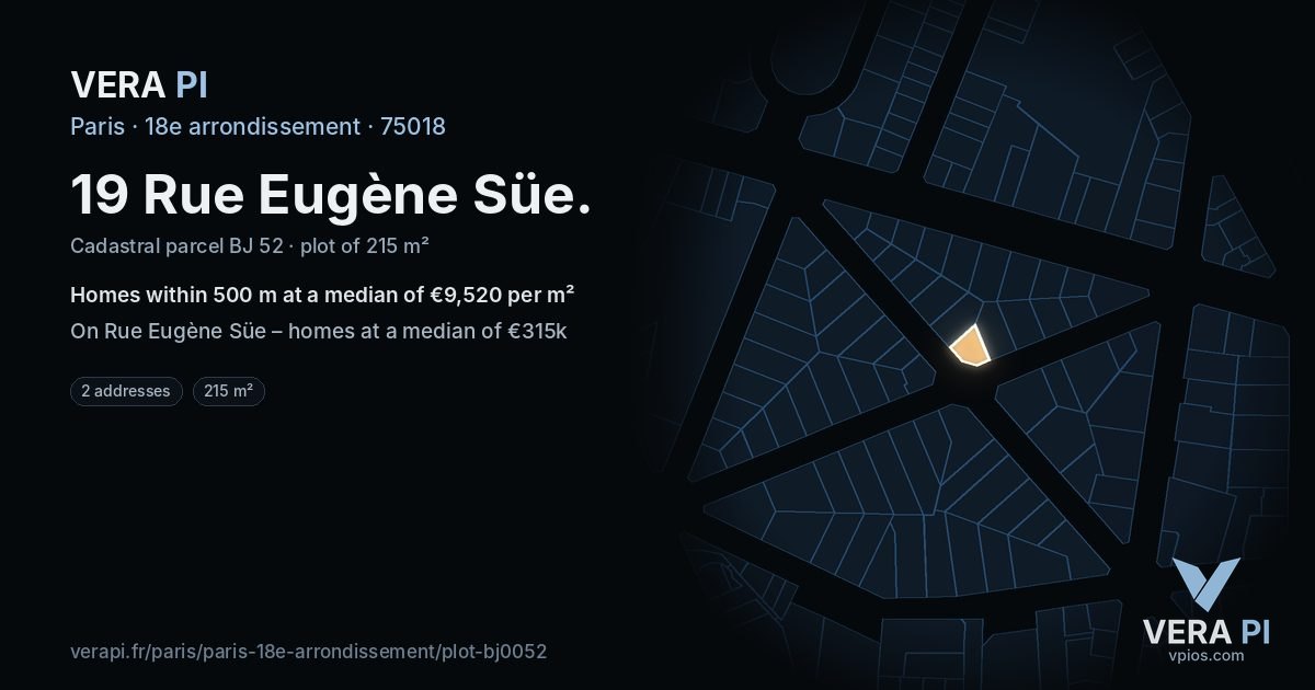 19 Rue Eugène Süe, 18e arrondissement at night – the plot lit, the parcels around coloured by the prices near them