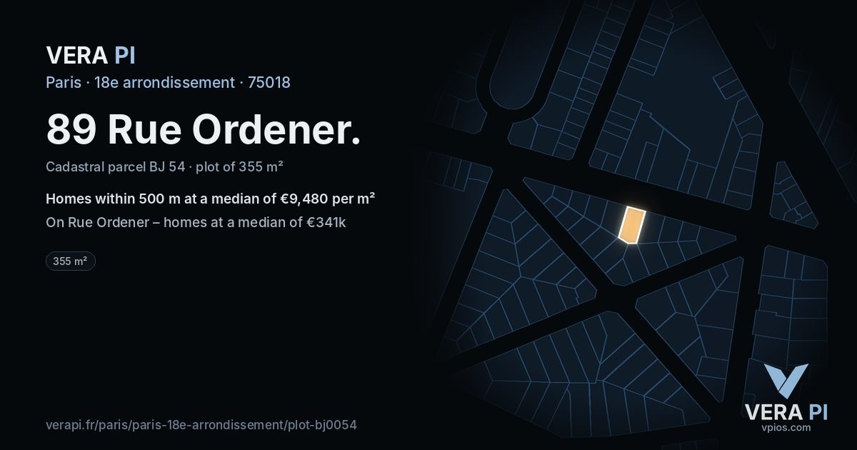 89 Rue Ordener, 18e arrondissement at night – the plot lit, the parcels around coloured by the prices near them