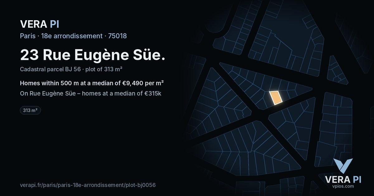23 Rue Eugène Süe, 18e arrondissement at night – the plot lit, the parcels around coloured by the prices near them