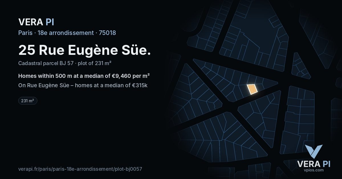 25 Rue Eugène Süe, 18e arrondissement at night – the plot lit, the parcels around coloured by the prices near them