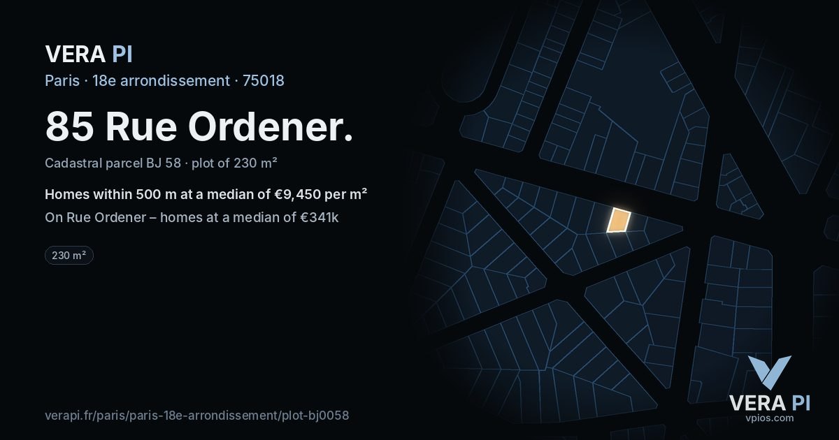 85 Rue Ordener, 18e arrondissement at night – the plot lit, the parcels around coloured by the prices near them