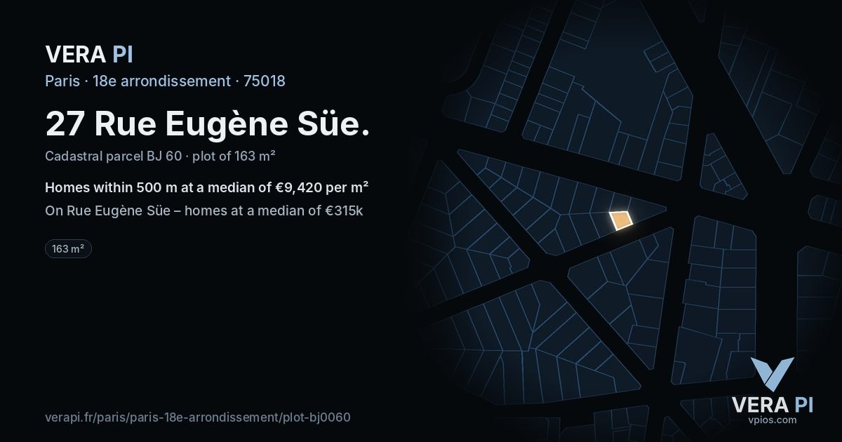 27 Rue Eugène Süe, 18e arrondissement at night – the plot lit, the parcels around coloured by the prices near them