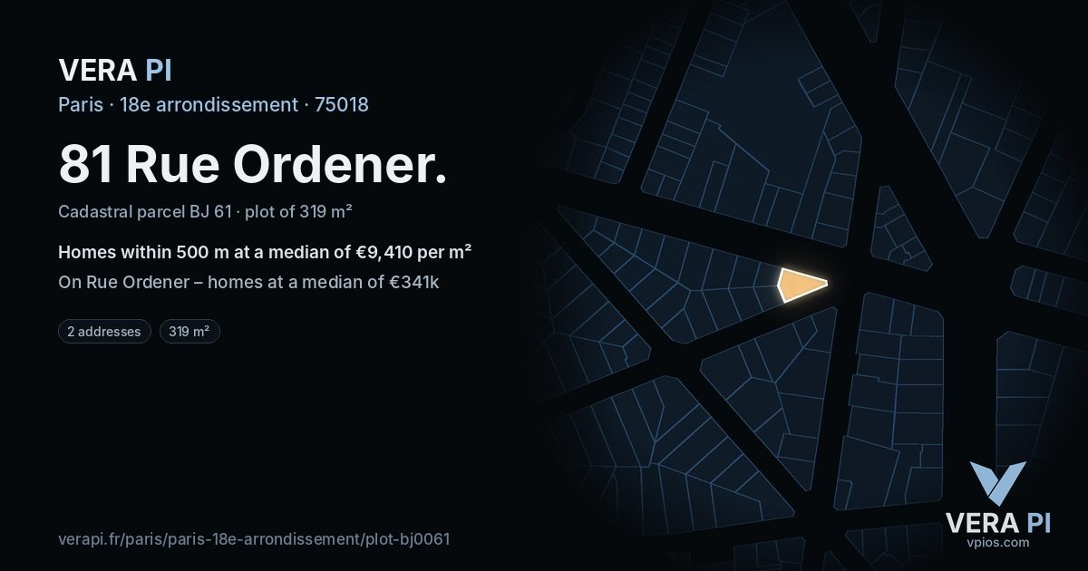 81 Rue Ordener, 18e arrondissement at night – the plot lit, the parcels around coloured by the prices near them