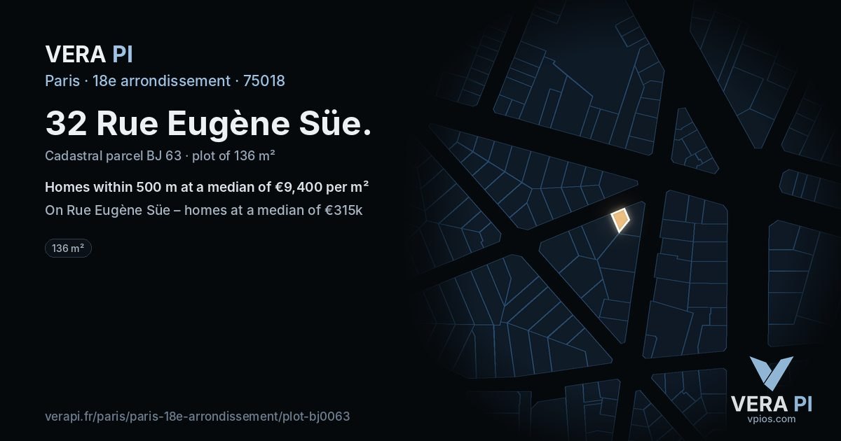 32 Rue Eugène Süe, 18e arrondissement at night – the plot lit, the parcels around coloured by the prices near them