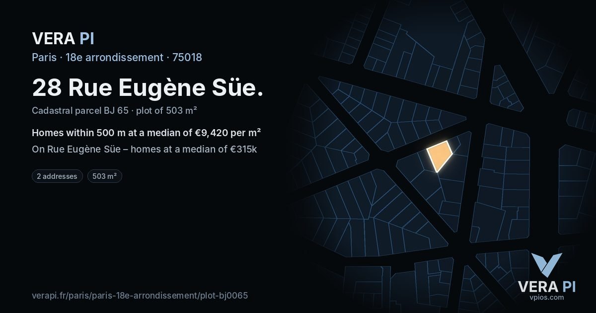 28 Rue Eugène Süe, 18e arrondissement at night – the plot lit, the parcels around coloured by the prices near them