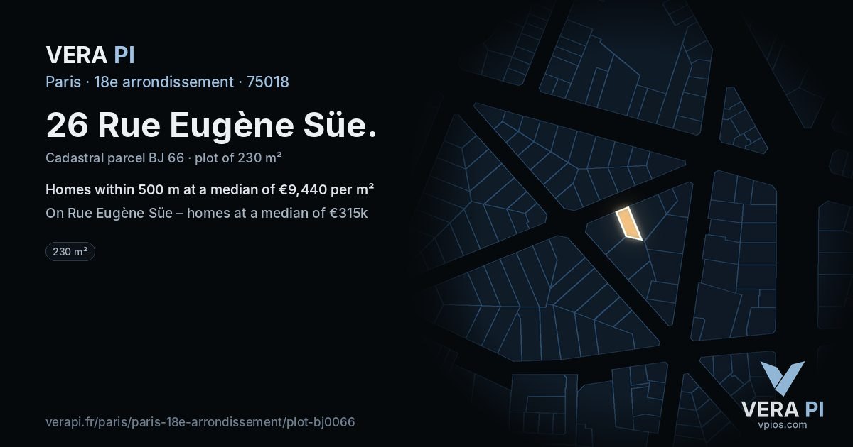 26 Rue Eugène Süe, 18e arrondissement at night – the plot lit, the parcels around coloured by the prices near them
