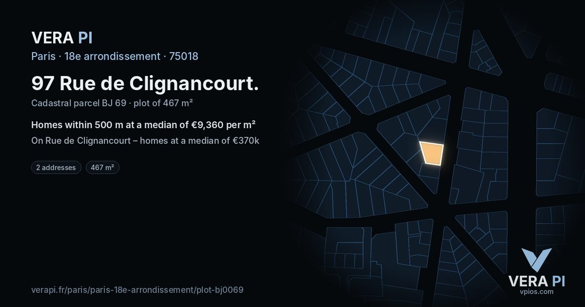 97 Rue de Clignancourt, 18e arrondissement at night – the plot lit, the parcels around coloured by the prices near them