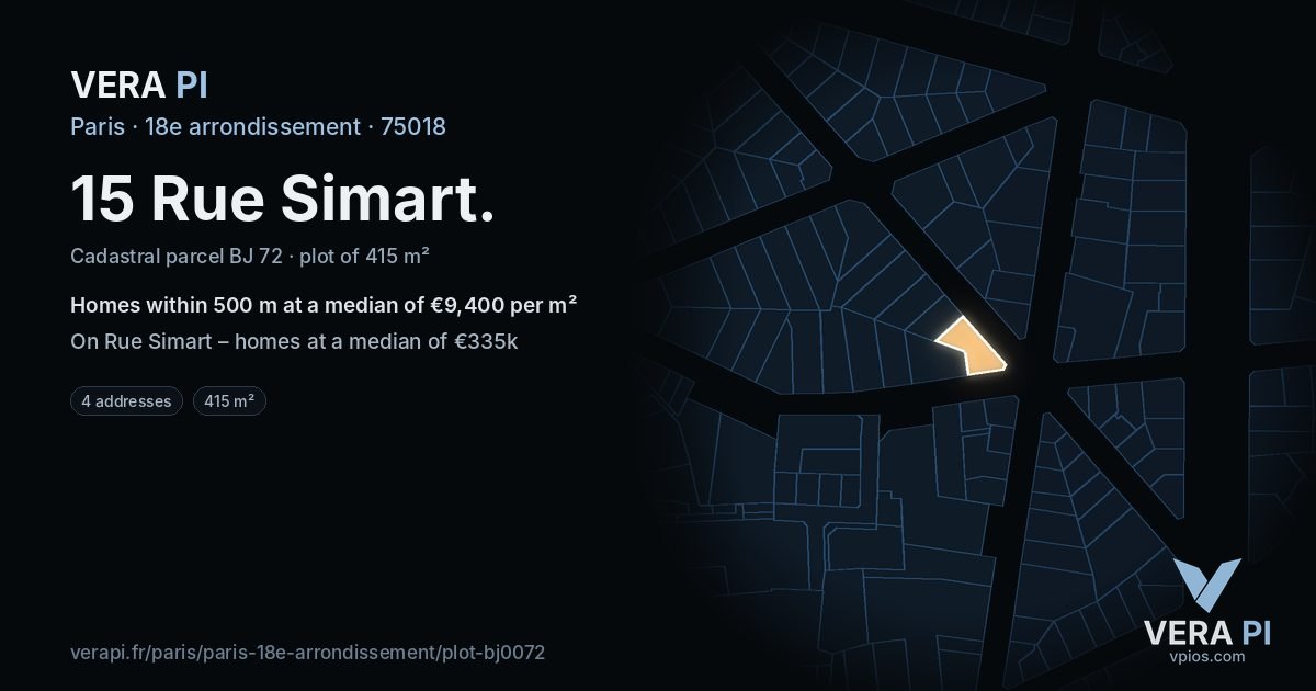 15 Rue Simart, 18e arrondissement at night – the plot lit, the parcels around coloured by the prices near them