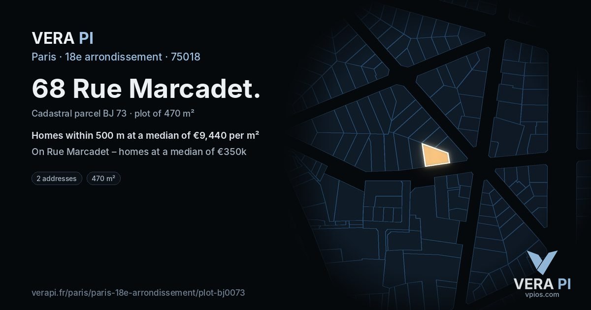 68 Rue Marcadet, 18e arrondissement at night – the plot lit, the parcels around coloured by the prices near them