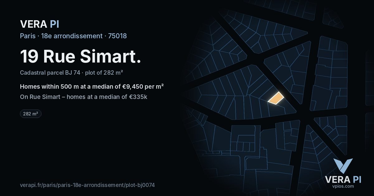 19 Rue Simart, 18e arrondissement at night – the plot lit, the parcels around coloured by the prices near them