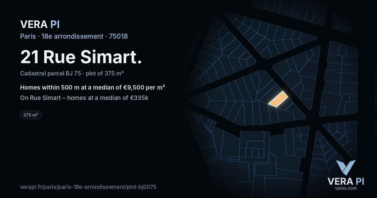 21 Rue Simart, 18e arrondissement at night – the plot lit, the parcels around coloured by the prices near them
