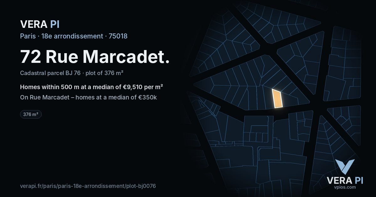 72 Rue Marcadet, 18e arrondissement at night – the plot lit, the parcels around coloured by the prices near them