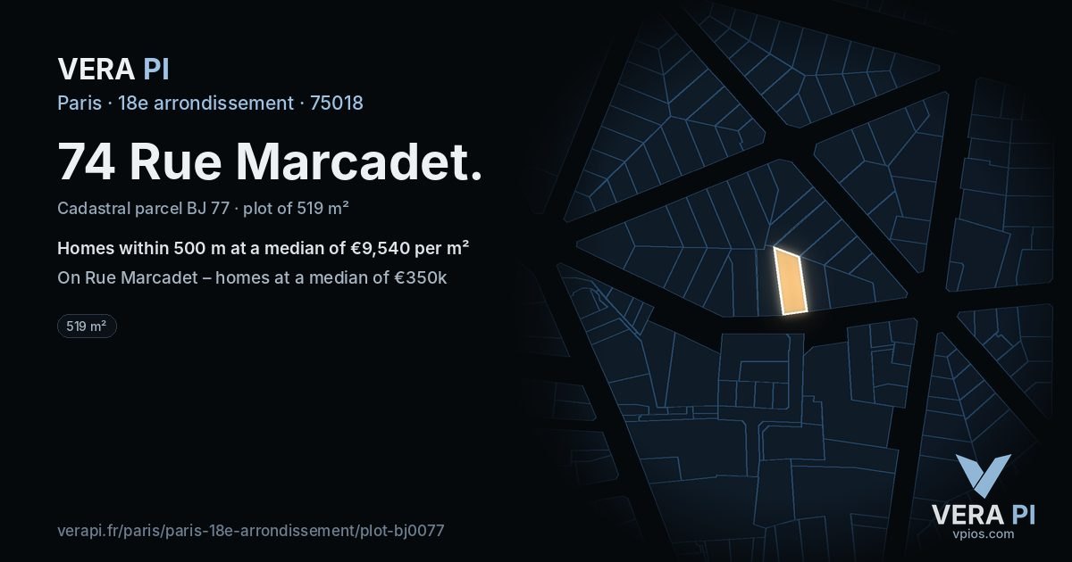 74 Rue Marcadet, 18e arrondissement at night – the plot lit, the parcels around coloured by the prices near them