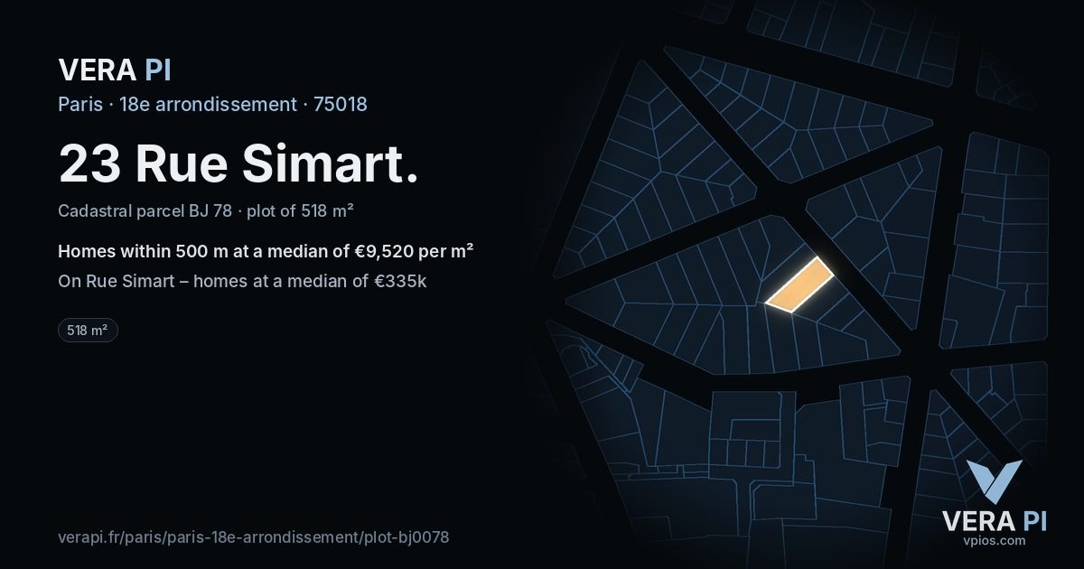 23 Rue Simart, 18e arrondissement at night – the plot lit, the parcels around coloured by the prices near them