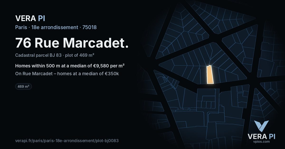 76 Rue Marcadet, 18e arrondissement at night – the plot lit, the parcels around coloured by the prices near them