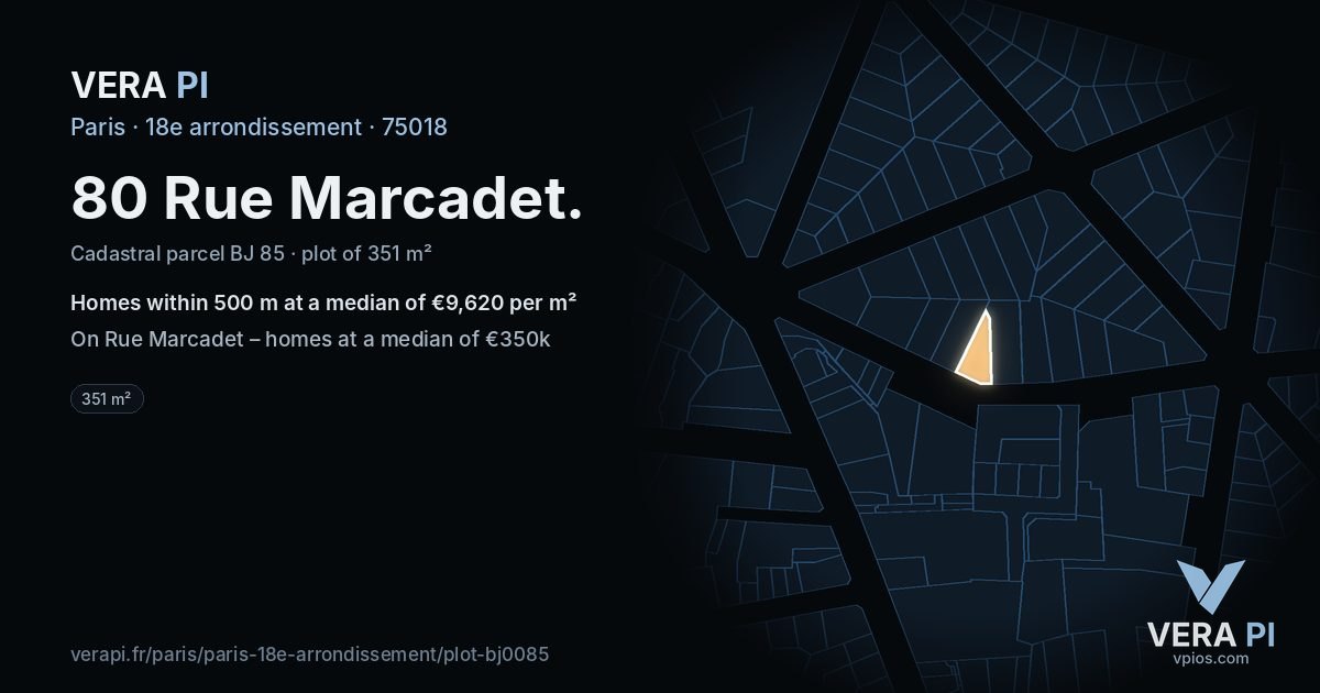 80 Rue Marcadet, 18e arrondissement at night – the plot lit, the parcels around coloured by the prices near them