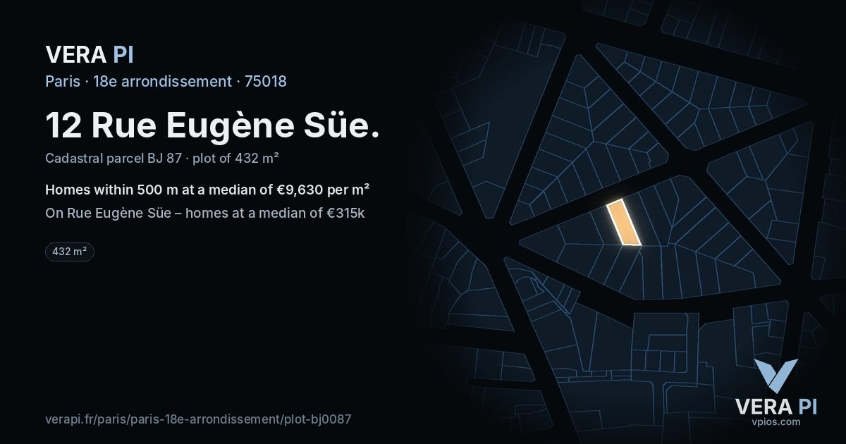 12 Rue Eugène Süe, 18e arrondissement at night – the plot lit, the parcels around coloured by the prices near them