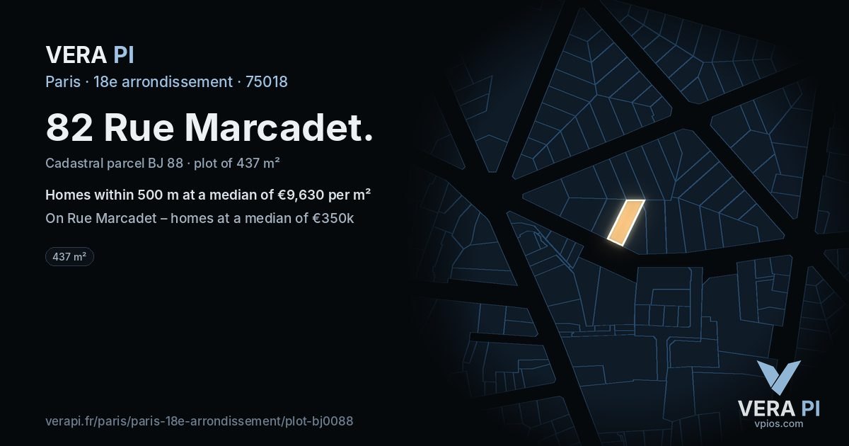 82 Rue Marcadet, 18e arrondissement at night – the plot lit, the parcels around coloured by the prices near them